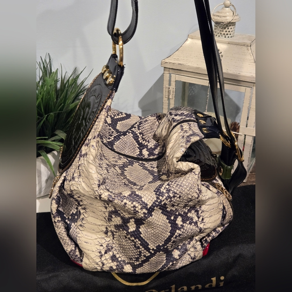 ***SOLD***Marino Orlandi Cream & Brown Snakeskin Sling Back Bag - Picture 3 of 14